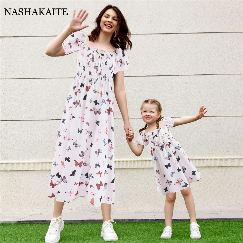 Mom and daughter family look Butterfly Print Puff Sleeve Flowy Maxi Dress Mommy and me clothes Casual matching family outfits