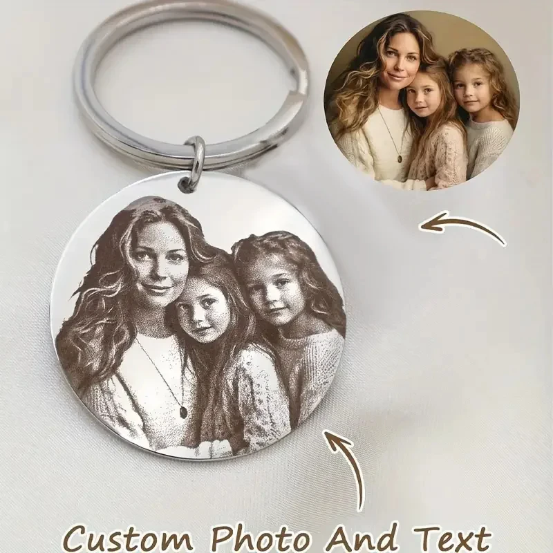 Llavero de acero inoxidable con nombre de foto personalizado, regalo de recuerdo grabado con láser personalizado, regalo perfecto para hombres y mujeres, pareja, padres y familia