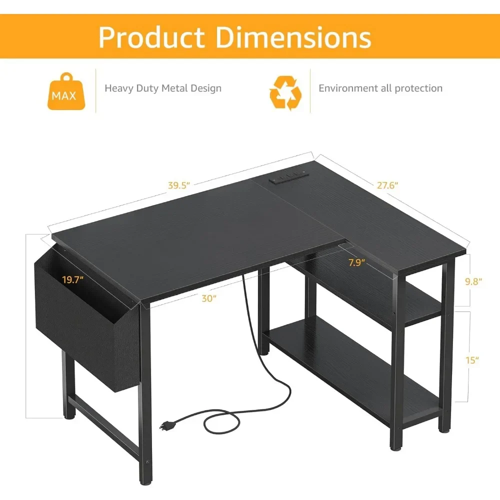 Bureau de jeu en forme de L avec étagères de prise de courant, petit bureau d'angle de 40 pouces pour petit espace, bureau à domicile, travail d'étude, bureaux PC