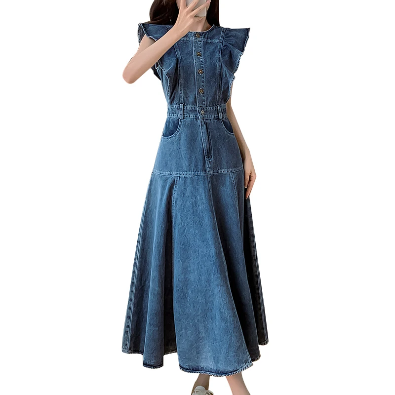 

Vintage Button Up Jeans Women Summer Sleeveless Tank Dresses Korean Fashion Midi Dress Loose Casual Pocket Denim Dress 2024 New