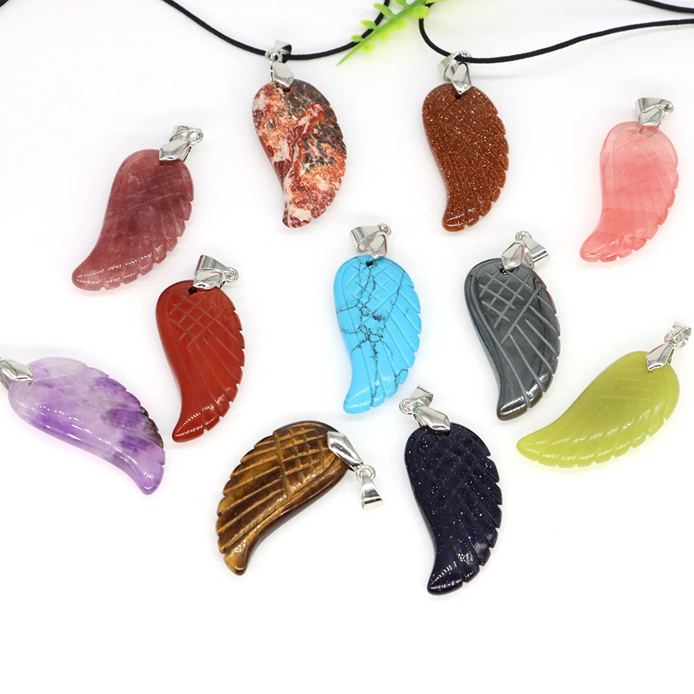 35mm Natural Stone Angel Wing Pendant Crystal Opalite Fluorite Reiki Cure DIY Necklaces Fashion Gem Jewelry Love Gift Wholesale