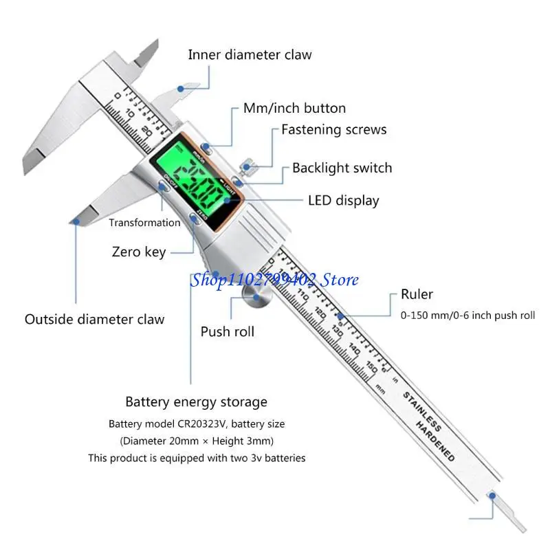 547F أداة قياس الفرجار الإلكترونية مقاس 6 بوصة، شاشة LED كبيرة للفرجار الورنية #3