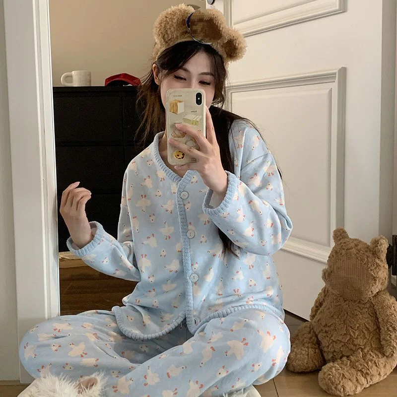 

Korean Style Women's Cotton Pajama Set Solid Color Long Sleeve Autumn Winter Warm Sleepwear Cozy Comfortable Loungewear Homewear