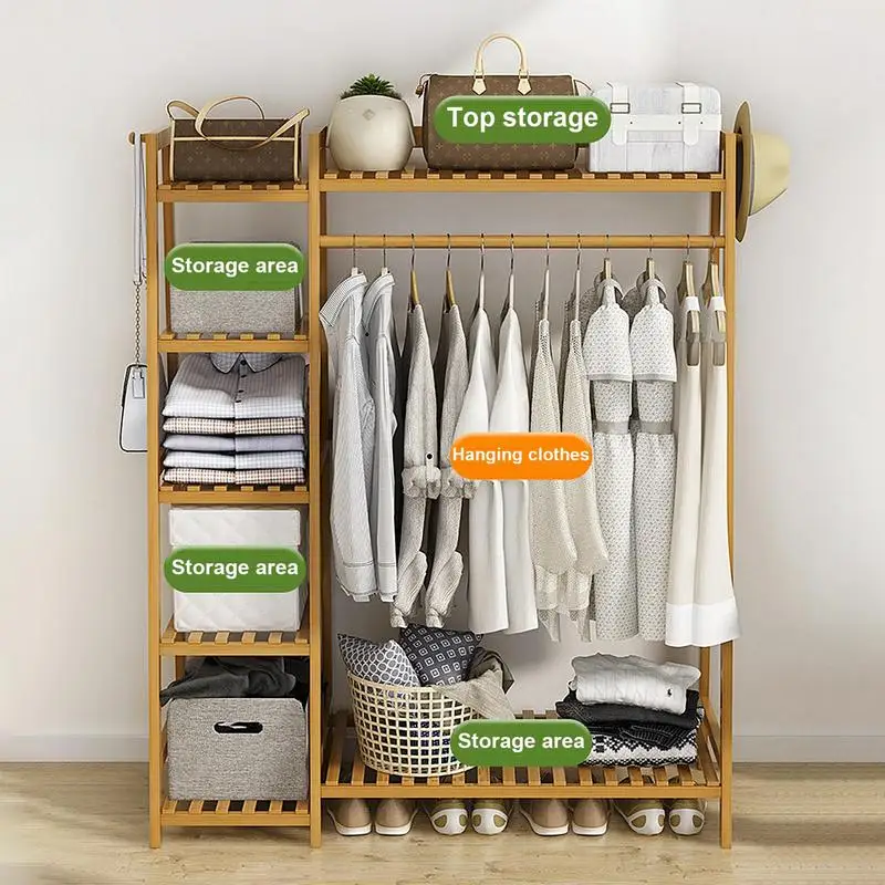 Bamboo Garment Coat Clothes Hanging Heavy Duty Rack with top shelf and 2-tier Shoe Clothing Storage Organizer Shelves