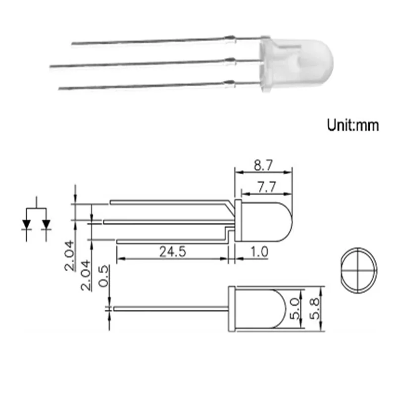 100pcs  F5 5mm Red And Blue Diffused Led Common Anode Light Round Head Bicolor 3pin Dual Color Light Beads