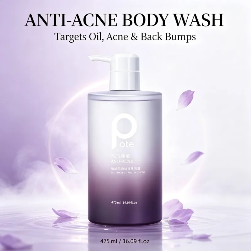 POTE Anti‑Acne Body Wash Long Lasting Floral Scent Anti‑Mite Shower Gel Oil Control Body Wash for Oily Back Acne Skin 475ml