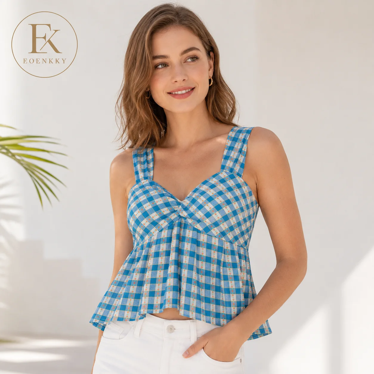 EOENKKY Women Blue Plaid Cami Top Floral Print Twist Front Wide Strap Sleeveless Smocked Back Peplum Crop Tank Top Summer