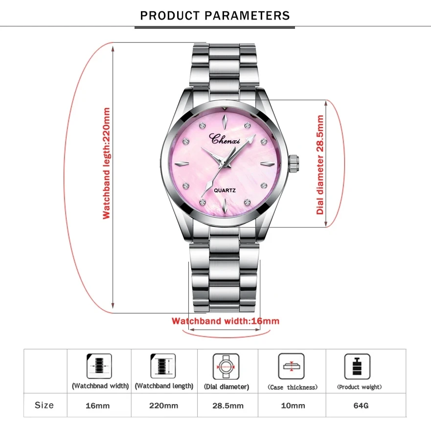 CHENghts-Montre-bracelet à quartz avec bracelet en acier inoxydable pour femme, horloge élégante avec cadran en coque de diamant, montres à la mode, cadeau pour femme, 006T