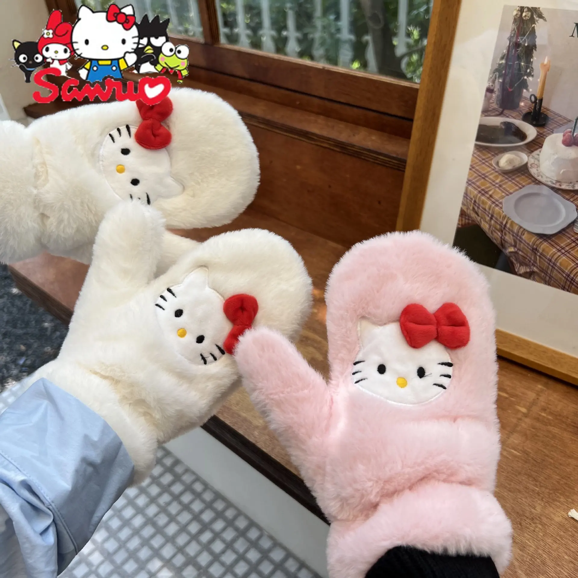 

Sanrio Hello Kitty Bow Cat Plush Gloves Cute Girl Full Finger Riding Thick Student Halter Neck Gloves Anime Plush Knitted Gloves