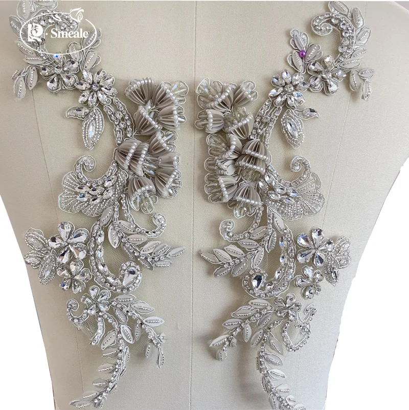 Handgenähter Glasbohrer, Spiegelblumen, 1 Paar, 6 Farben, funkelnde Strassapplikationen für Hochzeitskleider, Taillenbänder, Schultern, DIY-Applikationen – Detail 9