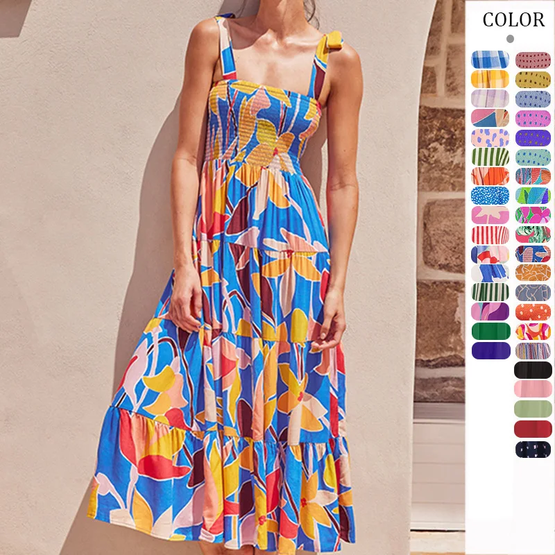 2024 Summer Pleated Women Chiffon Dresses Casual Beach Holiday sleeveless Woman Midi Dress Bohemian Mujer Vestidos