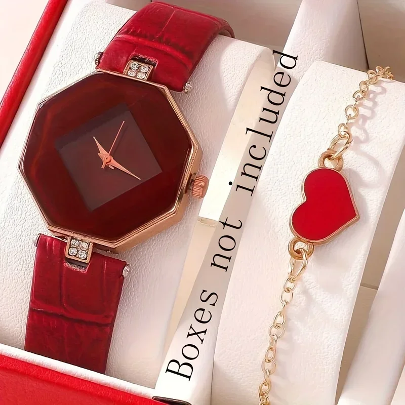 Women's Polygon Quartz Watch Pointer Quartz Watch Analog PU Leather Wrist Watch & Heart Bracelet Gift For Her