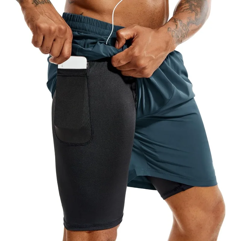 TENJOY Men's 2-in-1 Running Shorts 5-inch or 7-inch Quick-Drying Fitness Shorts Men with Mobile Pocket