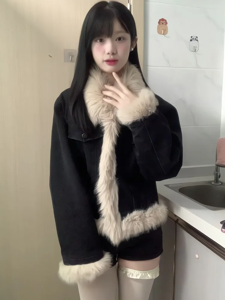 

Denim Coat Patchwork Fur Cotton Early Autumn New Black Jackets Harajuku Gothic Vintage Casual Tops Mujer Y2k Street Outercoat