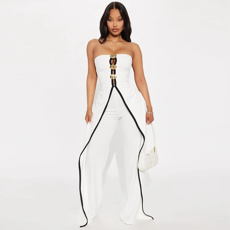 STYLISH LADY Contrast Color Patchwork Elegant Jumpsuits 2025 Summer Women Sleeveless Strapless OL Party Wide Leg Overalls