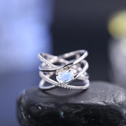 GEM'S BALLET 925 Sterling Silver Criss-Cross Finger Ring OV 5X7mm Natural Milky Blue Moonstone Gemstone Rings Gift For Her