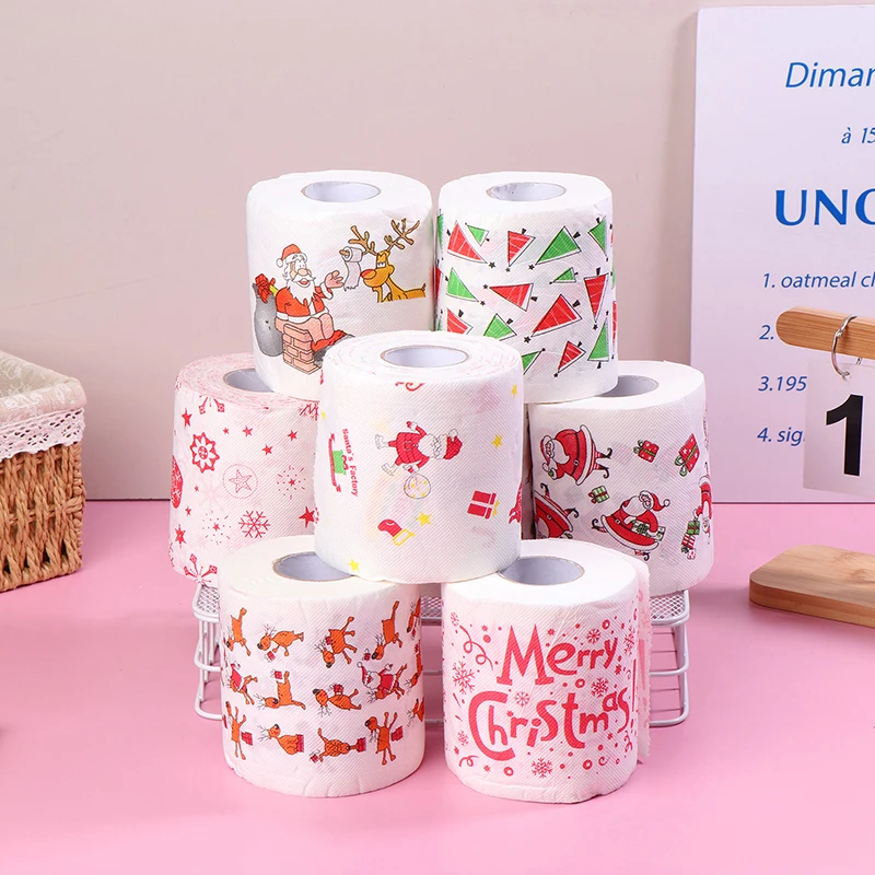 1 rolo de papel higiênico criativo dos desenhos animados engraçado padrão de natal série rolo de papel papai noel rena higiênico rolos de papel guardanapos