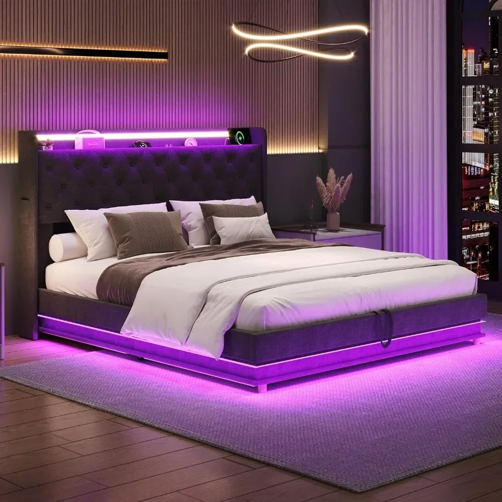 For Queen Size Bed Frame with Lift Up Storage, Upholstered Platform Bed with Charging Station&Led Lights, Queen Bed - view 4