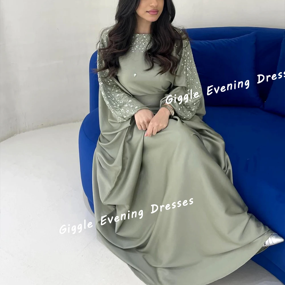 Giggle Satin O-Neck Beading Exquisite Prom Gown Saudi Arab Elegance Pleating Floor-Length Evening Party Dresses for Women 2024