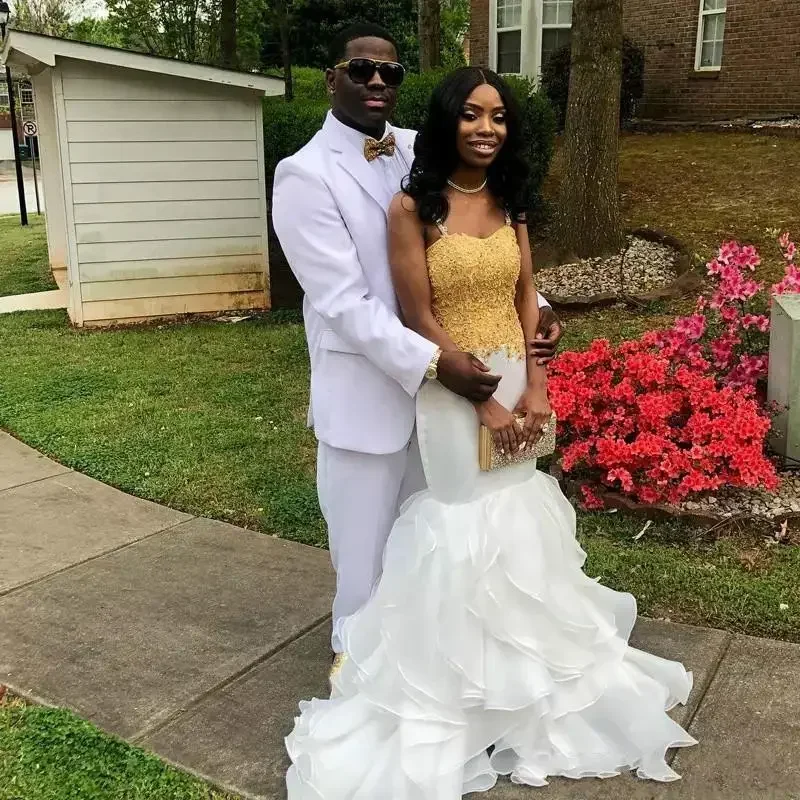 تخصيص فتاة سوداء أفريقية حورية البحر جديد الذهب الدانتيل السباغيتي الأشرطة مثير كشكش طبقات فساتين الزفاف الأبيض الزفاف G