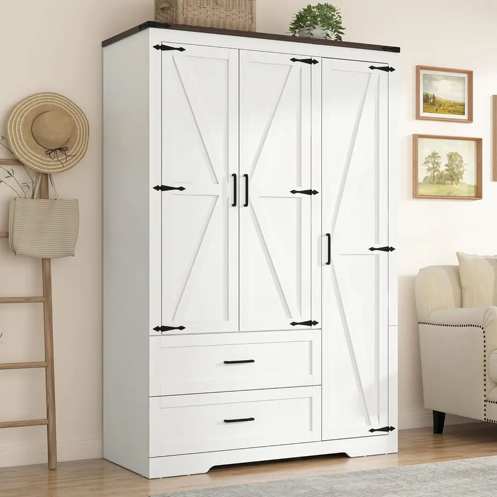 

Large Wooden Standing Wardrobe Closet with Hanging Rod, 70.1 Storage Cabinet for Bedroom, White