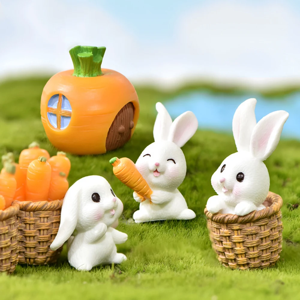 Easter Cute Rabbit Bunny Ornament Miniature Figurines Carrot Resin Mini Bunny Landscape Decoration for Easter Part Supplies