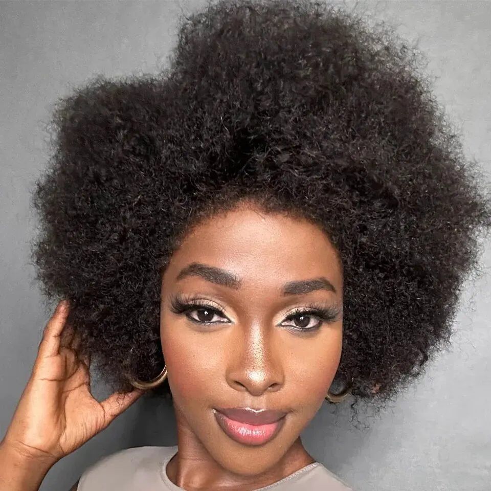 Fluffy Afro Kinky Curly Human Hair Wig With Thick Bang 70s Natural Short Bob Wigs For Black Women 180% Density Full Machine Hair