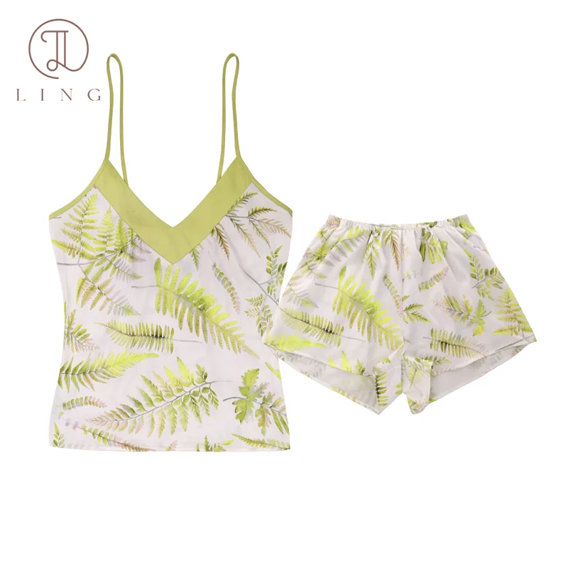 

Ling 2 Pcs Summer Pajamas For Women Sleepwear Green Color Small Fresh Comfy Ice Silk Girl's Short Sets Sleeveless Backless