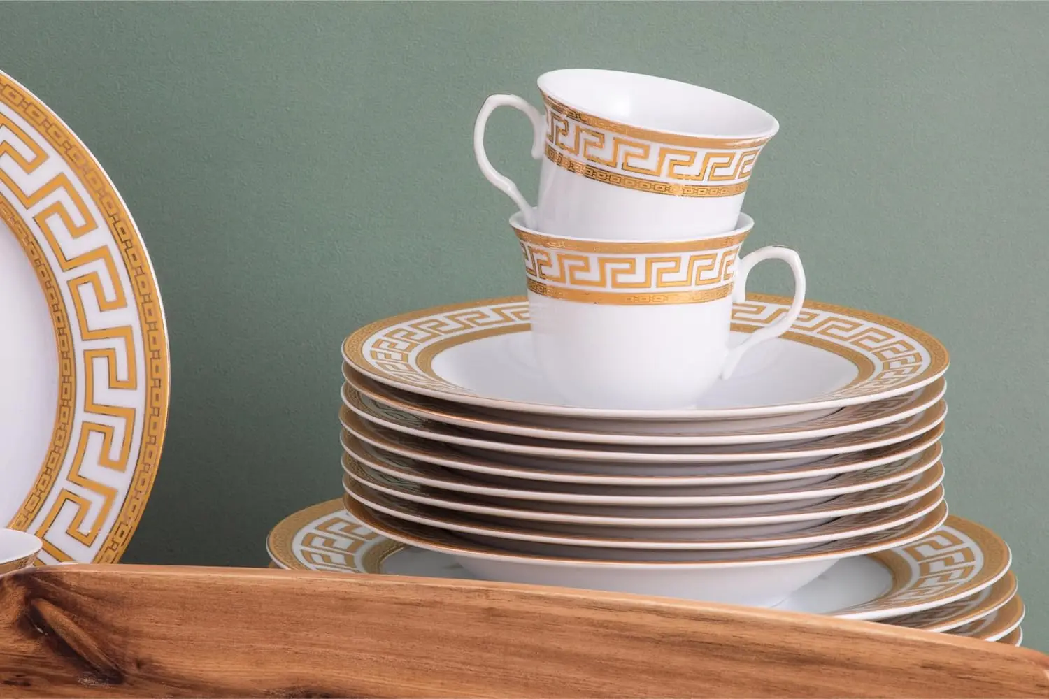 طقم أواني طعام بورسلين مكون من 8 قطع - طقم أطباق فاخر مكون من 49 قطعة - تصميم مفتاح يوناني أبيض وذهبي - أطباق عشاء وأوعية وأكواب و