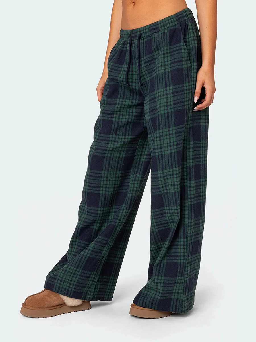 Mxiqqpltky-Pantalon de pyjama à carreaux pour femme, taille haute élastique, jambe large, pantalon Pj mignon, bas de pyjama, vêtements de détente décontractés