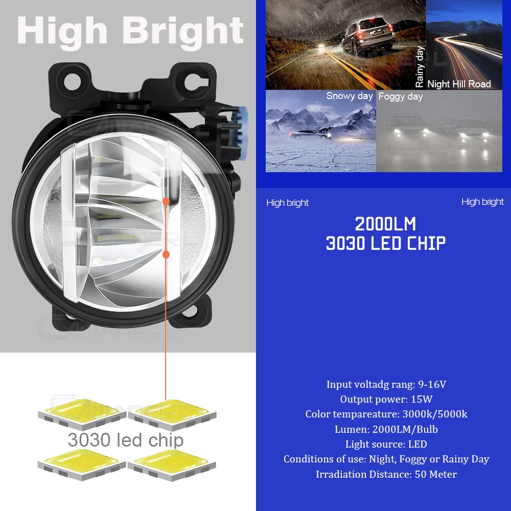 2 Pieces 30W 4000LM Upgrade LED Fog Light Assembly For Renault Kadjar 2015-2022 Car External Fog Driving Lamp Styling