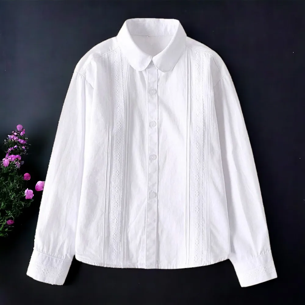 Kids Girls White Shirts for Students Uniform Long Sleeve Cotton Blouse Teenagers School Child Clothes 8 10 12 14 Years Vestidos