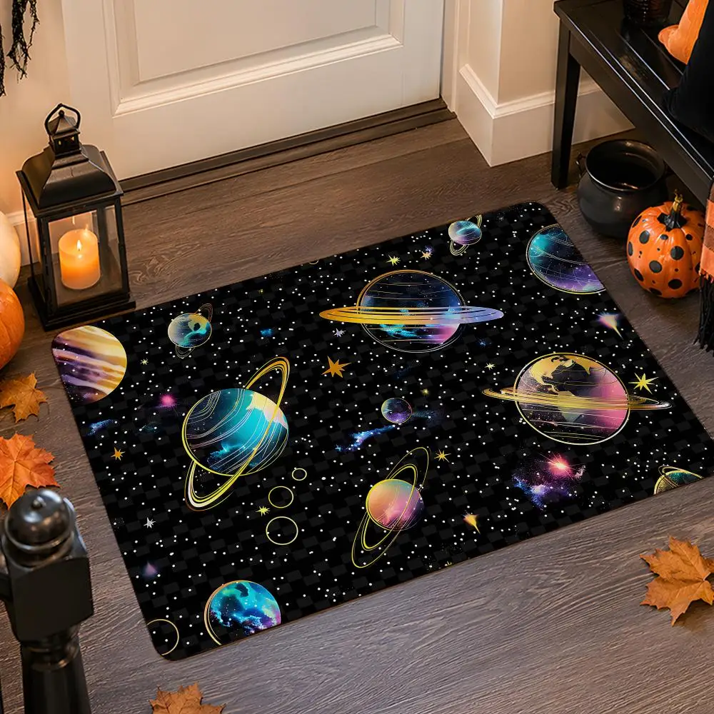 Space Holographic Pattern Floor Mat Flannel Rug Non Slip Absorbent Soft Washable For Entryway Hallway Bathroom Kitchen Decor