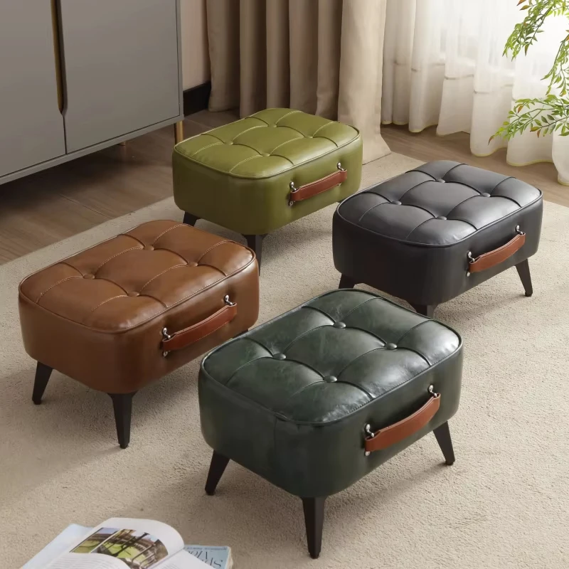 Small light luxury Japanese modern oil wax leather shoe changing stool upholstered cushion can be