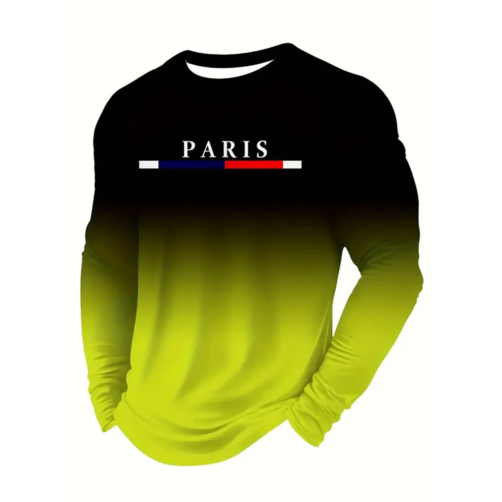 

Text Paris France Solid Casual Long Sleeve T-shirt For Men Clothing Sport Fitness Breathable Loose T Shirts Print Gradient Tee