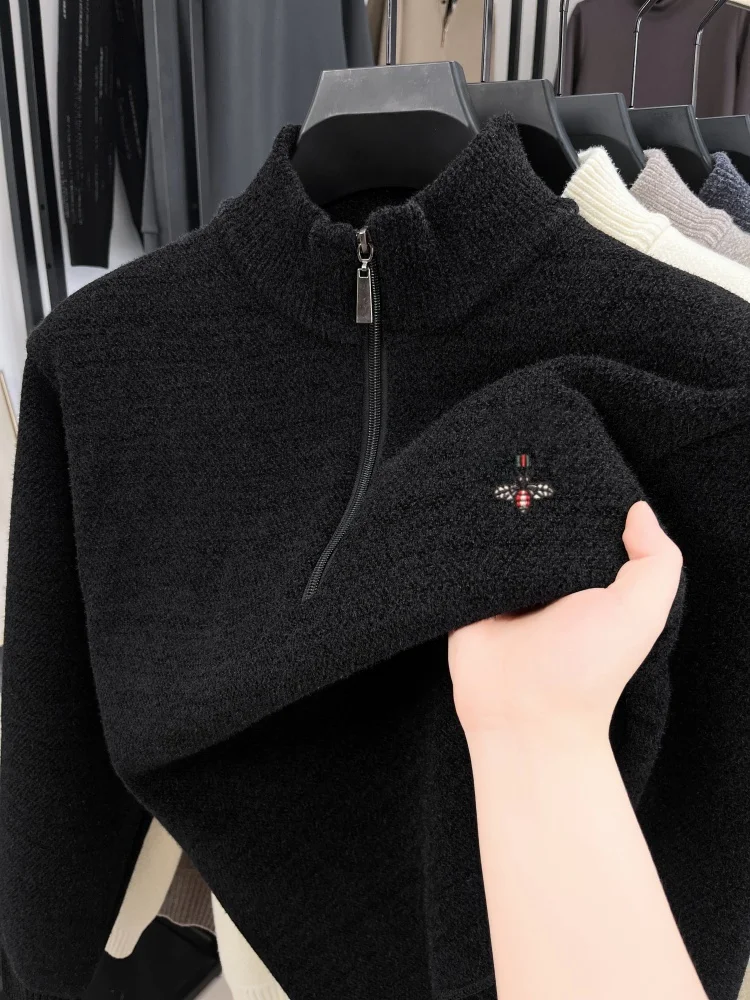 Designer brand luxury men's knitted pullover new trend zipper bee embroidery best-selling comfort warm half high neck sweater
