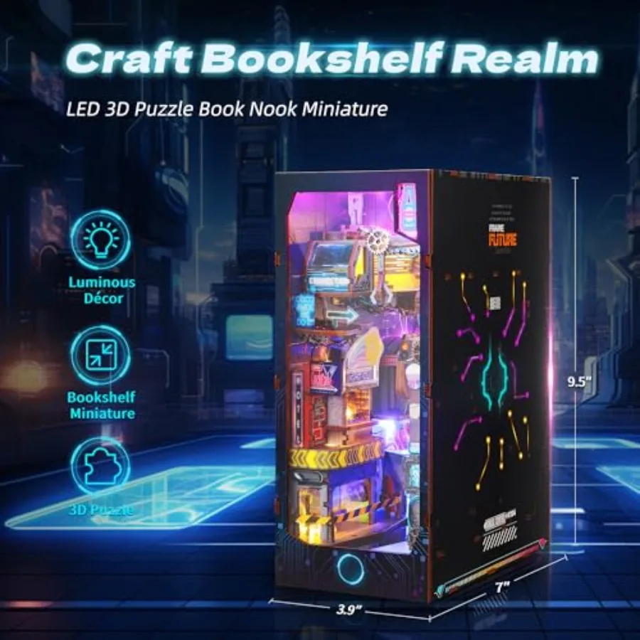 3D Wood Puzzle Book Nook Kit, Futuristic Miniature Bookshelf Insert with LED Lights, DIY Cyberpunk Bookend Décor for Display, U