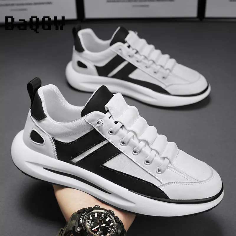 Chunky Sneakers Men Soft Sole Running Shoes Fashion Casual Leather Fabric Breathable Height Increased Flat Platform Board Shoes