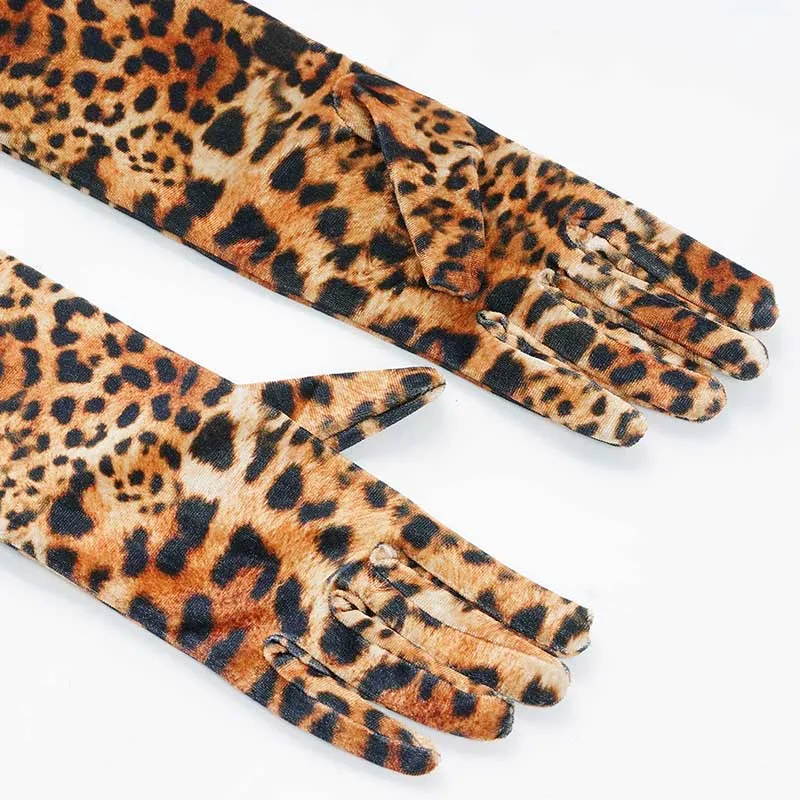 Guantes de terciopelo dorado con estampado de leopardo para mujer, manoplas largas de dedo completo para fiesta de maquillaje de Halloween, vestido