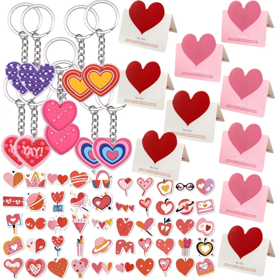 Valentine's Day Party Favors Set 50pcs Heart Stickers 10pcs Heart Keychains 10pcs Greeting Cards