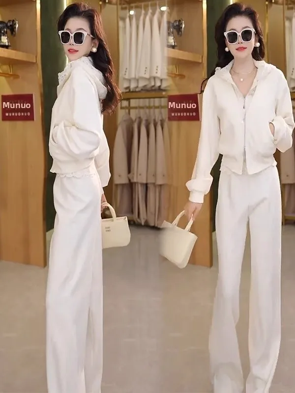 レーススプライスカジュアルスポーツセット レディース 春新作 スタイリッシュ ワイドレッグパンツ ツーピースセット ロングスリーブフーディートップ