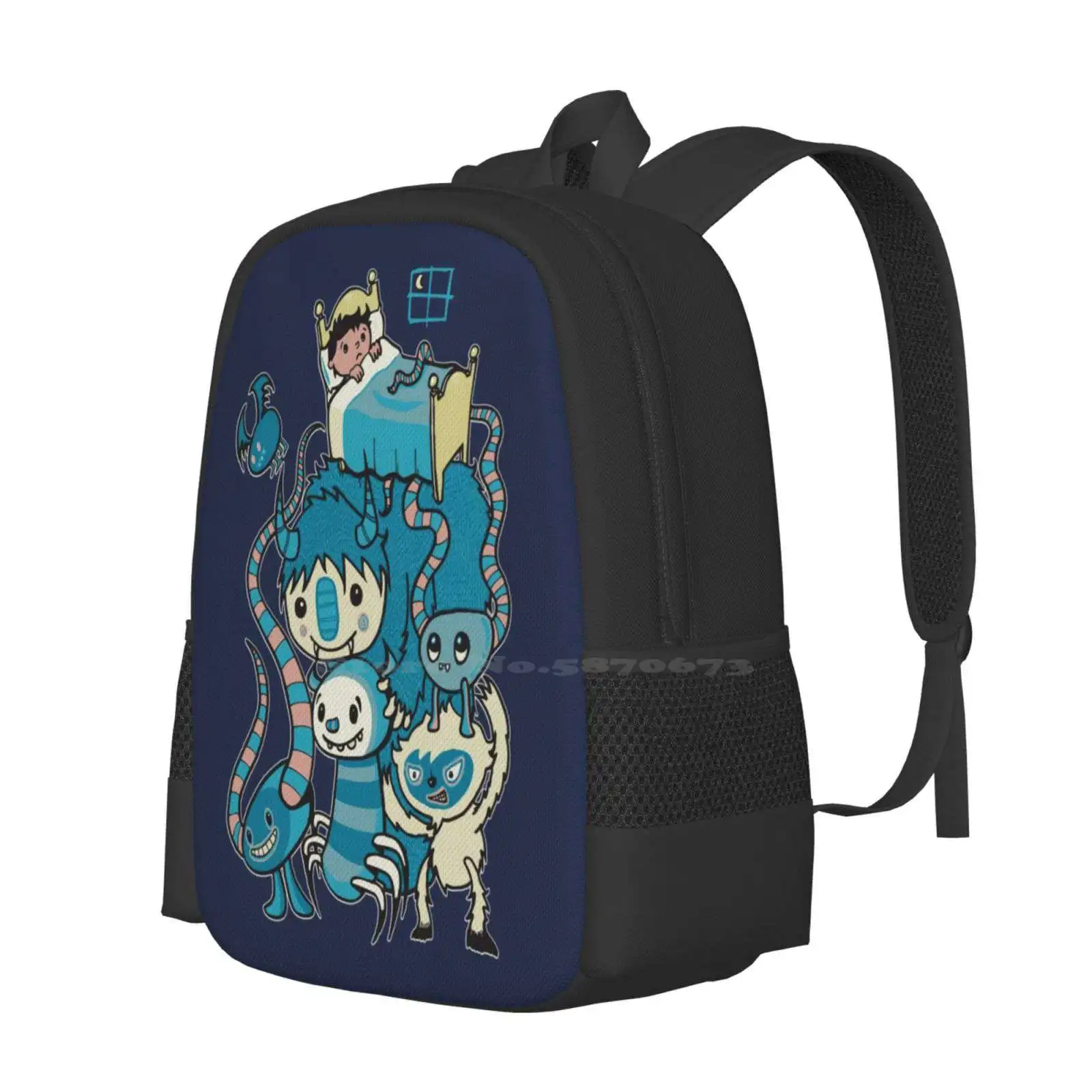 The Under My Bed Pattern Design Bag Student'S Backpack Monsters Beasts Creatures Under The Bed Go Bump Night Bed Time Adorable