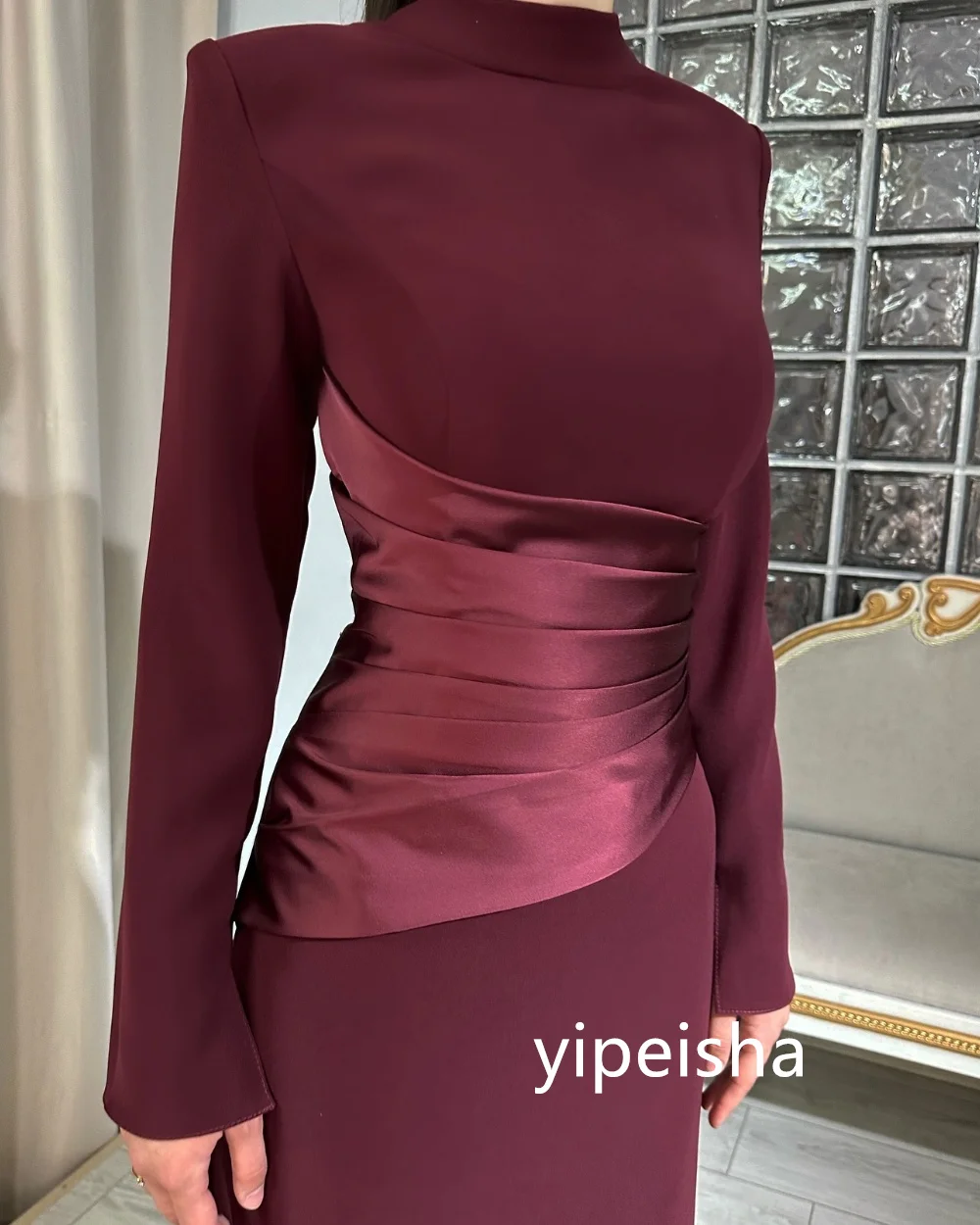 Customized Formal Jersey Pleat Straight High Collar Long Dresses Prom Dresses High Quality Chinese Style Fashion Simple Classic