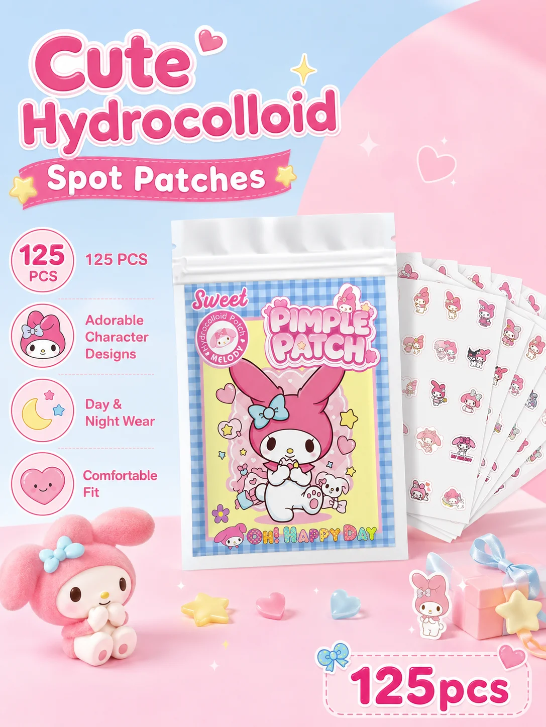 Sanrio Acne Pimple Patches, Hydrocolloid Spot Cover Stickers, Cute Face Care Patches for Daily Use