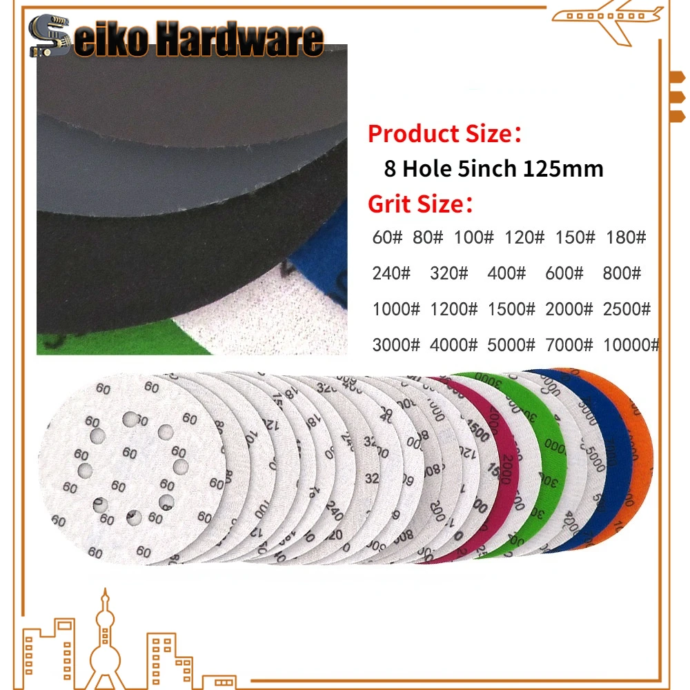 5inch Sandpaper 125mm 60-10000 grit Round Shape Sanding Discs Hook Loop Sanding Paper Buffing Sheet Sandpaper 8 Hole Sander Pad