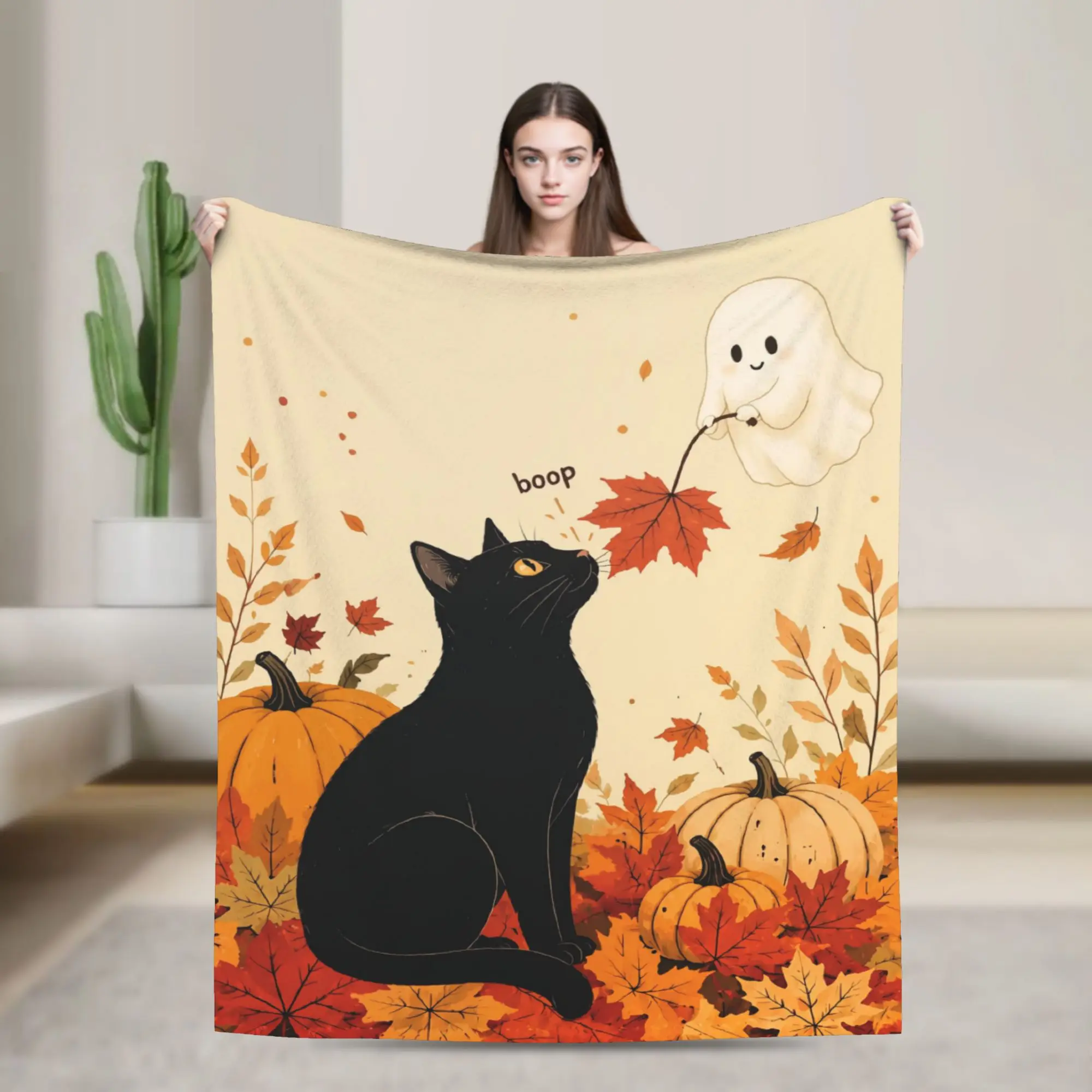 Halloween Black Cats Flannel Throw Blankets Witch Ghost Blankets for Sofa Car Ultra-Soft Plush Thin Quilt