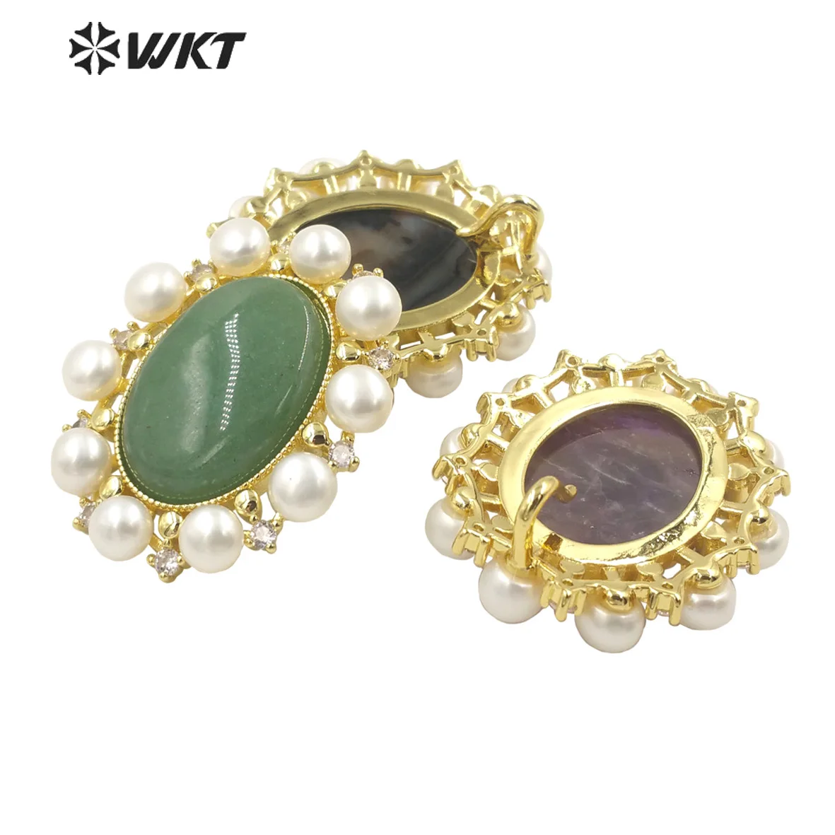 WT-MP250 WKT newest fashion gold bezel natural oval gemstone pendant elegant freshwater pearl big pendant for neckalce design