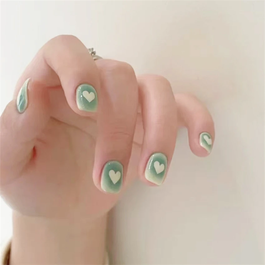 24Pcs/Set Matcha Mousse Design Wearing False Nails Love Short Fake Nails Tips Round Head Removable Sticky Acrylic Press on Nail