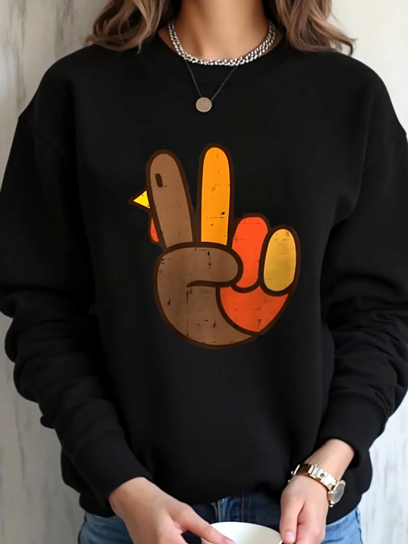 Sudadera de gran tamaño para mujer, ropa para exteriores con estampado de signo de paz y mano de pavo de Acción de Gracias