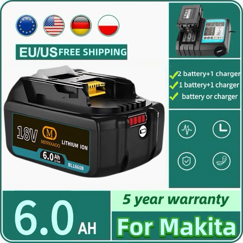 

100% подлинная батарея Makita 18 В, 6 Ач, сменная светодиодная замена для BL1860 BL1850 BL1830 LXT